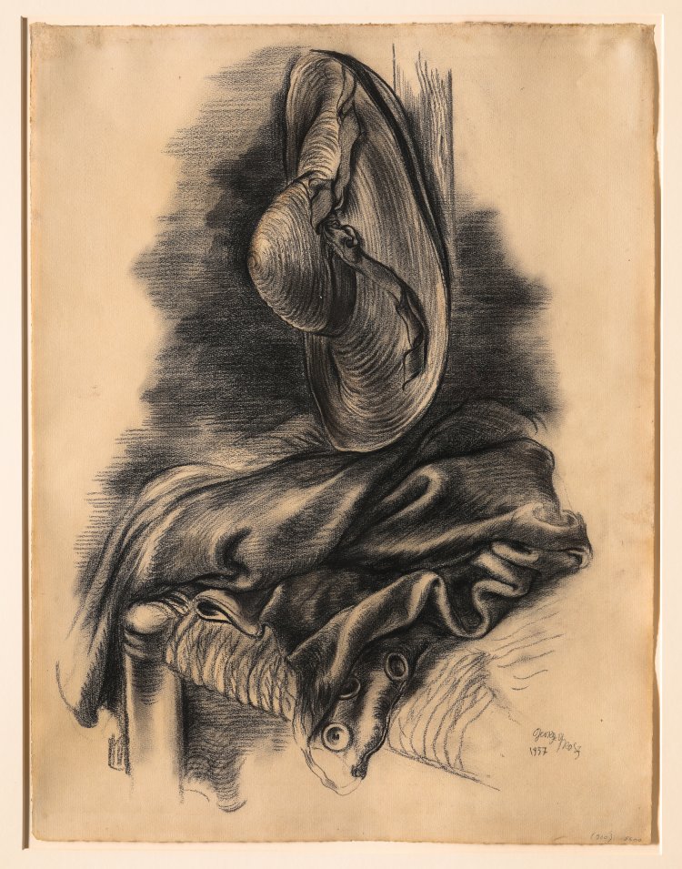 Hauptbild zu Objekt, George Grosz. Still life with straw hat, 1937. Charcoal drawing on paper, K-13 180