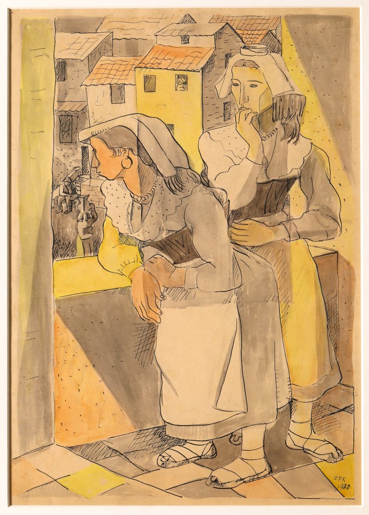 Hauptbild zu Objekt, Edmund Daniel Kinzinger. Zwei Italienerinnen auf dem Altan, watercolor, K-13 186