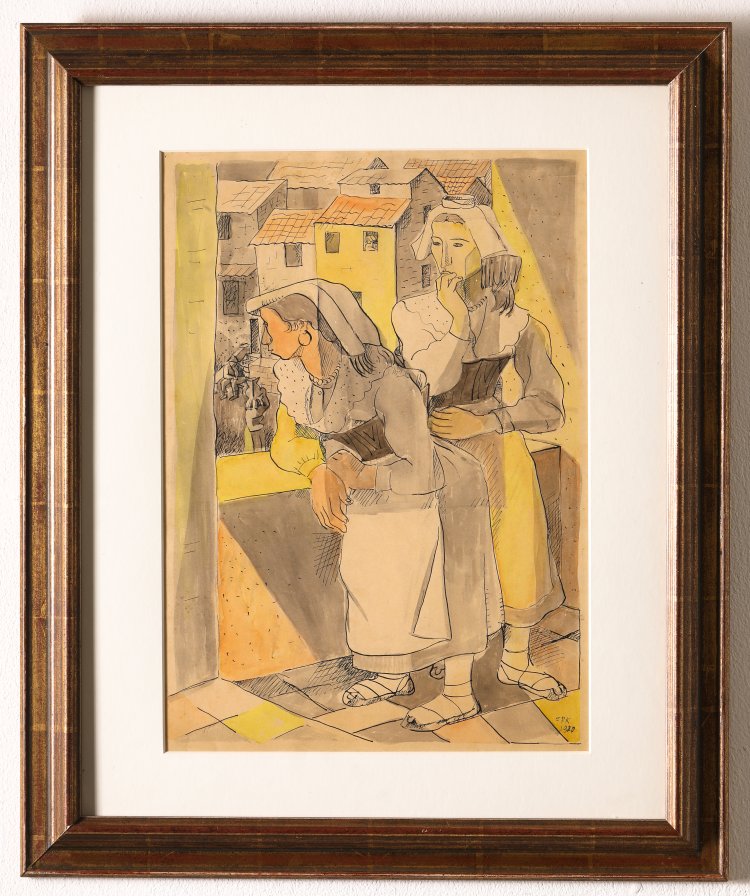 Bild 1 zu Objekt, Edmund Daniel Kinzinger. Zwei Italienerinnen auf dem Altan, watercolor, K-13 186