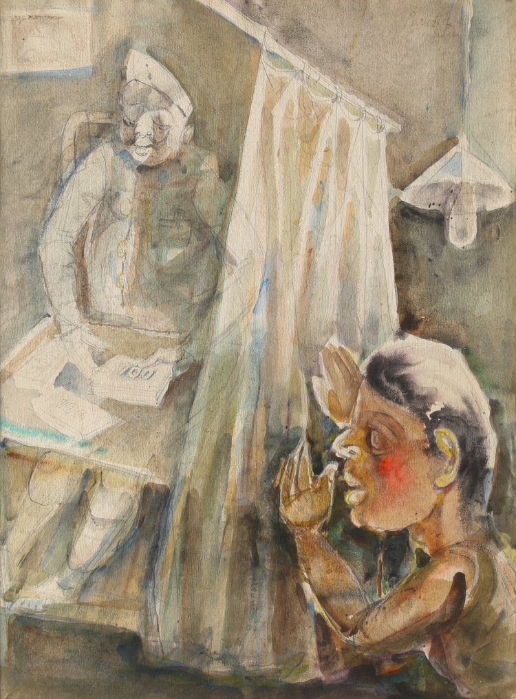 Hauptbild zu Objekt, Paritosh Sen, Man Counting Money Behind the Curtain, 1980, Mischtechnik/ Papier, K-13 332