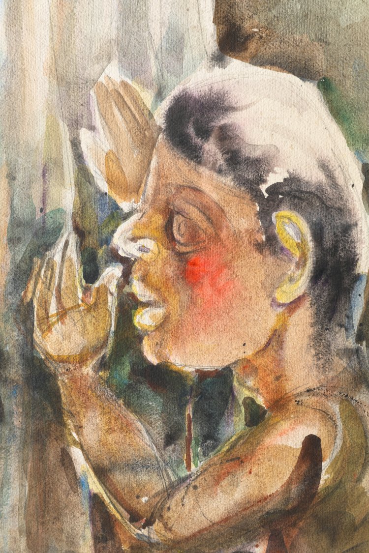 Bild 2 zu Objekt, Paritosh Sen, Man Counting Money Behind the Curtain, 1980, Mischtechnik/ Papier, K-13 332