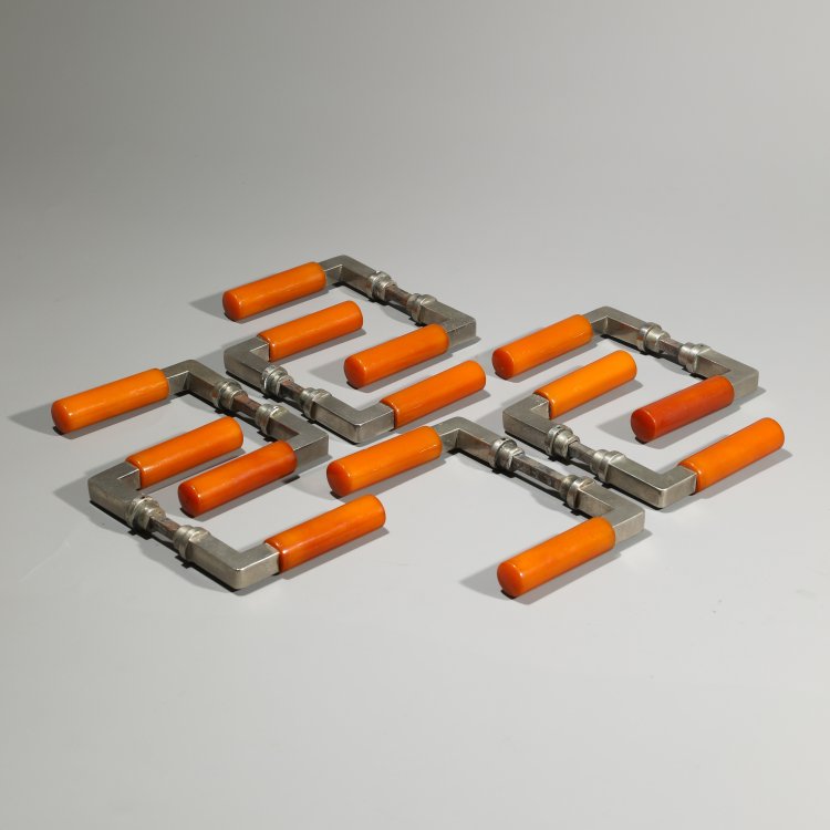 Hauptbild zu Objekt, 7 x rare Gropius door handle sets model 1324 F with handles in artificial horn (blond), Walter Gropius,Adolf Meyer, wehag, K-14 391
