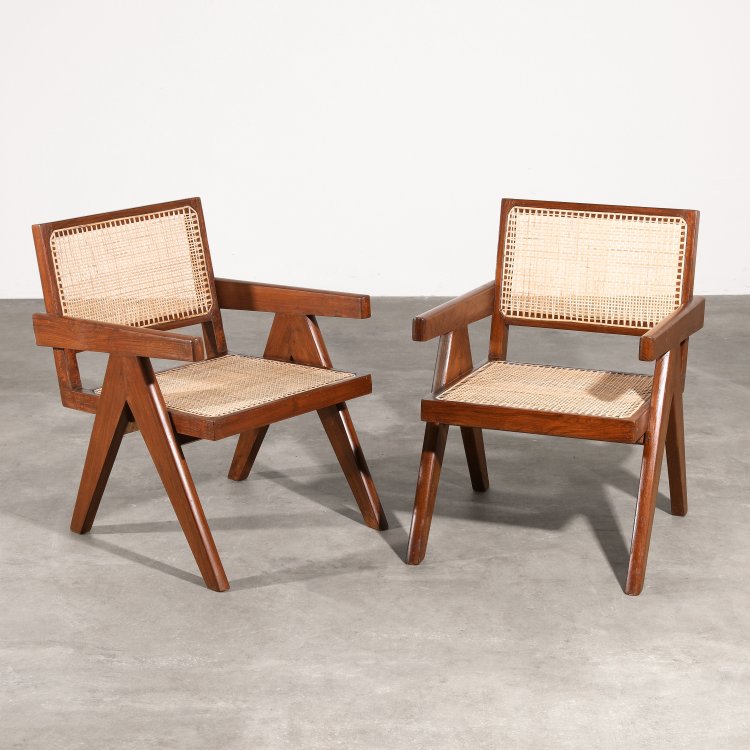 Hauptbild zu Objekt, 2 Sessel Modell Cane and Teak Wood Easy Armchair aus Chandigarh, Pierre Jeanneret, K-14 445