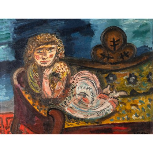 Reclining woman and reclining man with dog, probably around 1940