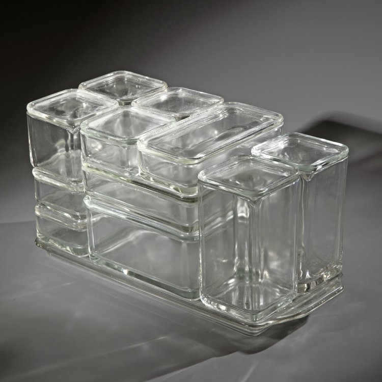 Hauptbild zu Objekt, Seltenes, gro&szlig;es Tablett mit Kubusgeschirr 12 teilig, Wilhelm Wagenfeld, VLG AG, Wei&szlig;wasser, K-15 420