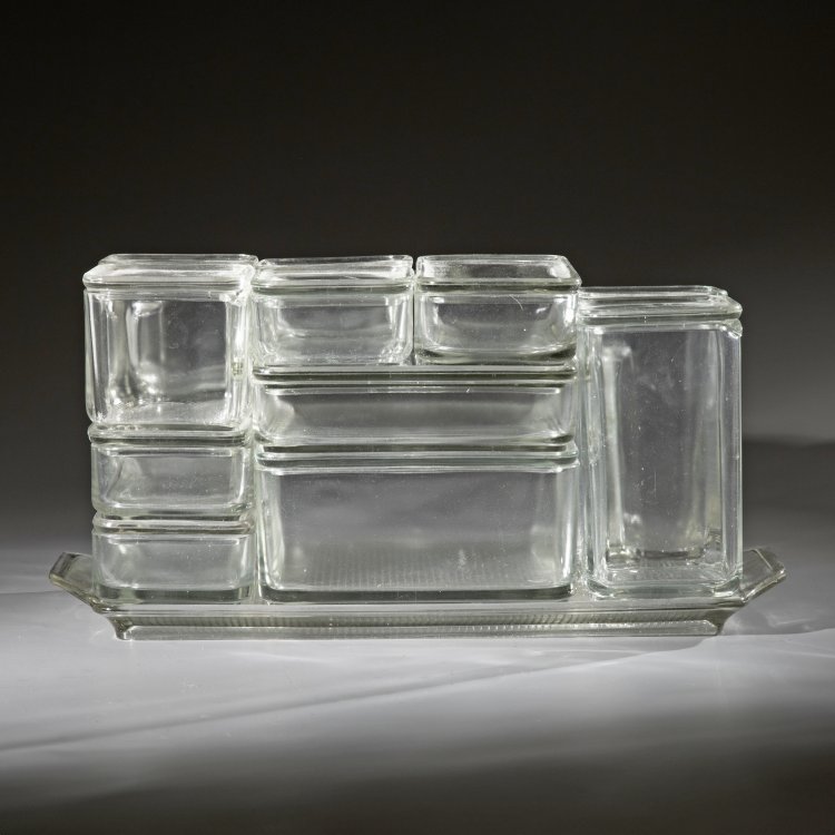 Bild 1 zu Objekt, Seltenes, gro&szlig;es Tablett mit Kubusgeschirr 12 teilig, Wilhelm Wagenfeld, VLG AG, Wei&szlig;wasser, K-15 420