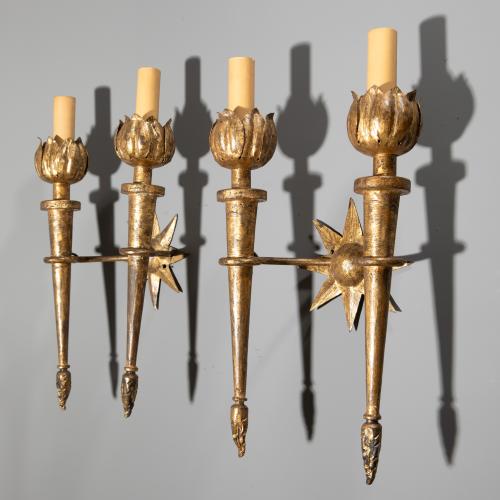 Paar elektrifizierte Wandleuchten, um 1946