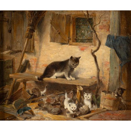 'Katze mit vier jungen vor Bauernhaus'