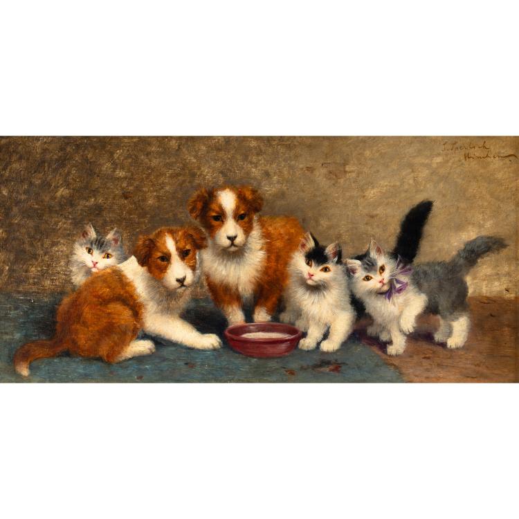 Hauptbild zu Objekt, 'Katzen und Welpen am Milchnapf', K-16B 306