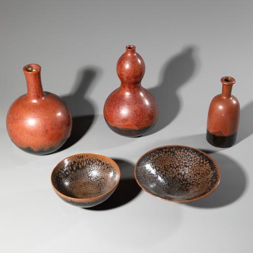 Three vases, two bowls