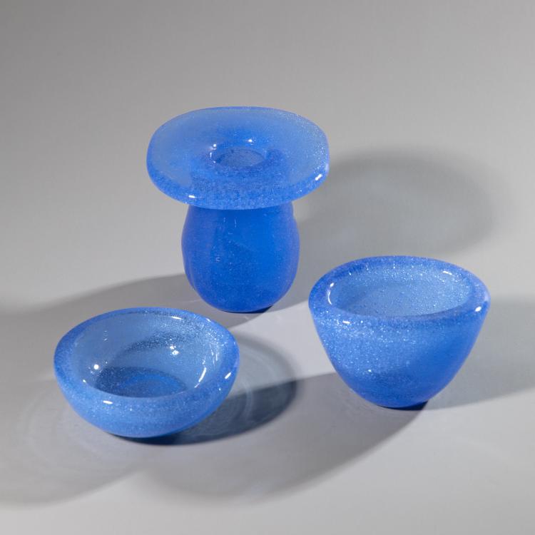 Hauptbild zu Objekt, Vase und 2 Schalen 'Sommerso a bollicine', Carlo Scarpa, Venini, Murano, K-16A 169