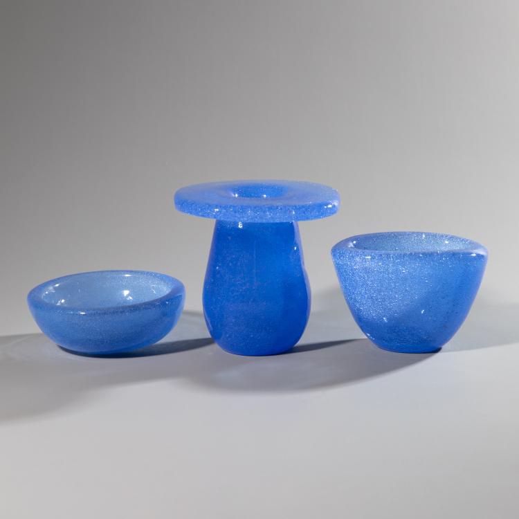 Bild 1 zu Objekt, Vase und 2 Schalen 'Sommerso a bollicine', Carlo Scarpa, Venini, Murano, K-16A 169