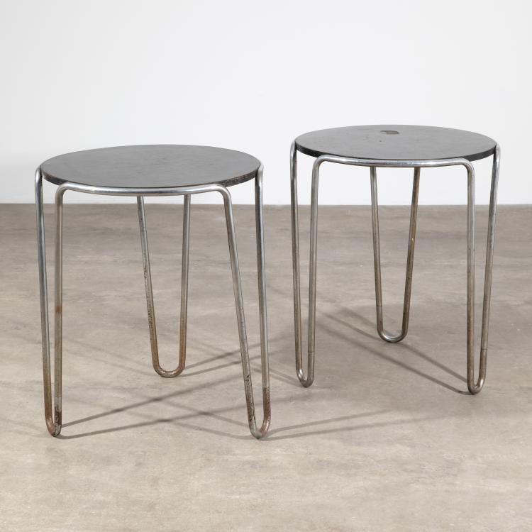 Hauptbild zu Objekt, 2 three-legged steel tube loop tables, Thonet France, K-16O 11