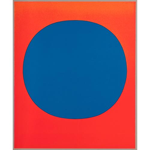 'Komposition / blau auf leuchtrot und orange'