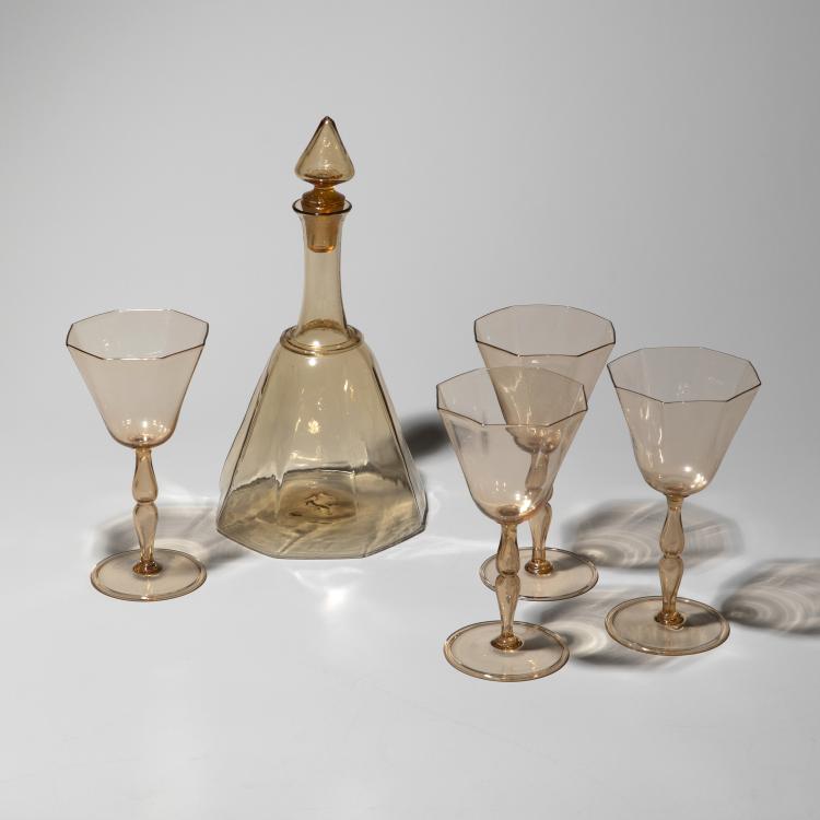 Hauptbild zu Objekt, Weinkaraffe mit vier Gl&auml;sern, Vittorio Zecchin, Cappellin, M.V.M., Murano, K-16A 168