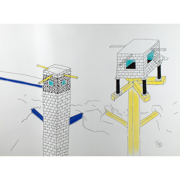 Hauptbild zu Objekt, Gro&szlig;e, limitierte Serigraphie 'Architettura con due torri' 22/100, Ettore Sottsass, K&agrave;los Studio, Cesenatico Italy, K-16B 754