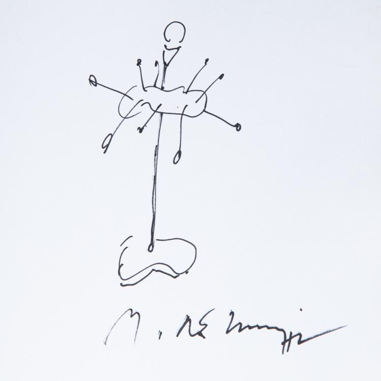 Bild 2 zu Objekt, Original Zeichnung der Leuchte Sinvola mit Signatur in dem Buch 'Designermonographien Michele de Lucchi', Michele De Lucchi, K-16B 788