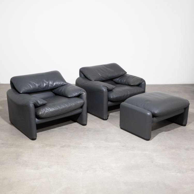 Hauptbild zu Objekt, 2 Lounge Sessel + Ottomane Modell Maralunga, Vico Magistretti, Cassina, K-17 542