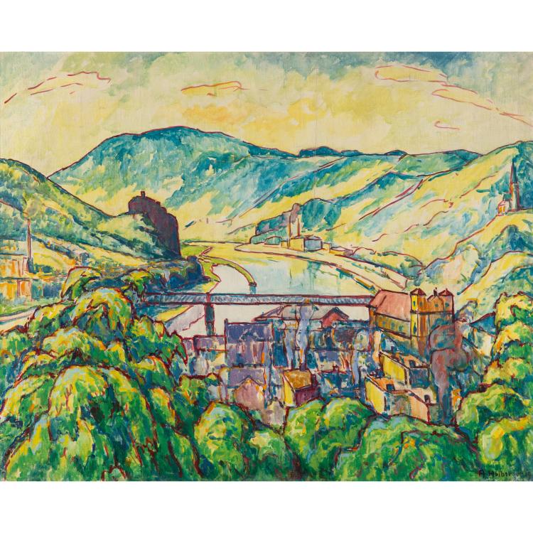 Hauptbild zu Objekt, Flu&szlig;landschaft mit Br&uuml;cke, 1919, K-17 107