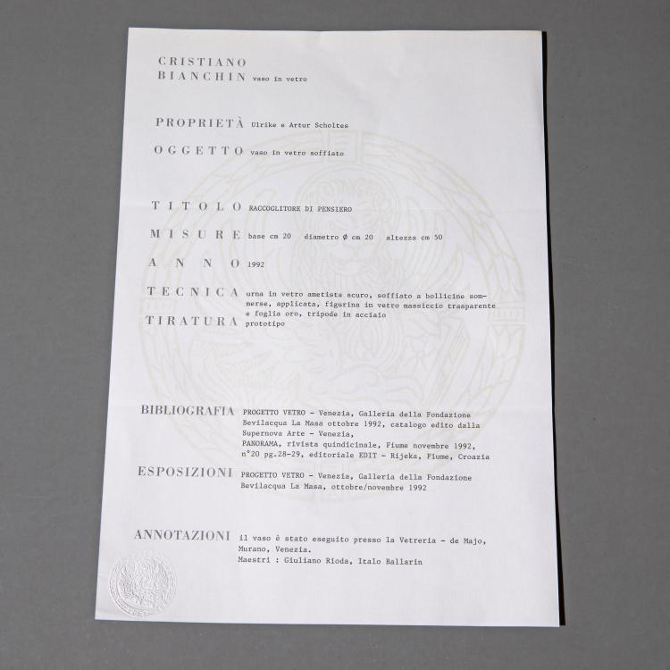 Bild 6 zu Objekt, Hohes Deckelgef&auml;&szlig; in dreibeinigem Stand 'Raccoglitore di Pensiero', 1992, Cristiano Bianchin, K-17 183